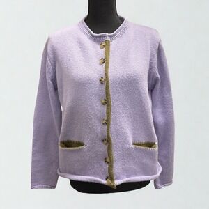 Grandmacore‎ Lavender Knit Button Front Cardigan with Green Trim Pockets Size L